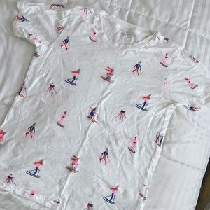 J. Crew White Tee with Pink and Blue Skier Print